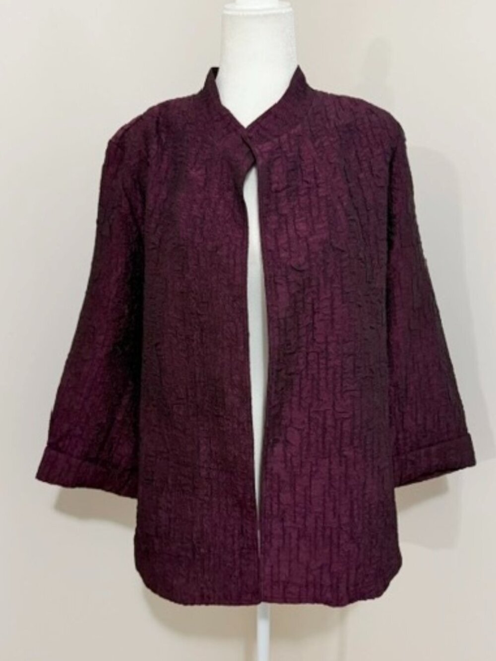 Peck & Peck Crinkle Texture Open Front Burgundy Jacket Pockets Size XL